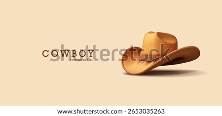 3D Cowboy hat. Cowboy headdress. Realistic hat. Modern banner. Vector illustration.