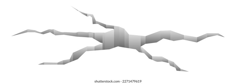 3D crack in ground vector illustration. Earth hole and slit on white surface of damaged land, abstract fracture of earthquake or environment disaster, crack fissure with perspective on concrete or ice