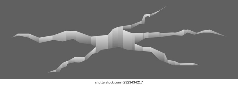 3D crack in ground vector illustration. Earth hole and slit on white surface of damaged land, abstract fracture of earthquake or environment disaster, crack fissure with perspective on concrete or ice