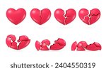 3d cracked hearts. Beautiful whole heart broken on crack pieces, pain love red symbol wedding couple breakup relationship, lonely half heartbreak set nowaday vector illustration of crack shape heart