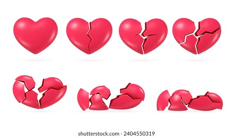 3d cracked hearts. Beautiful whole heart broken on crack pieces, pain love red symbol wedding couple breakup relationship, lonely half heartbreak set nowaday vector illustration of crack shape heart