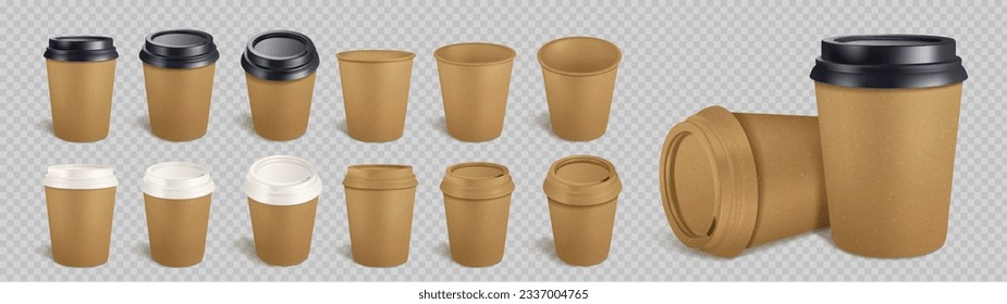 3d craft coffee cup isolated vector mockup set. Eco tea mug with plastic lid cover and empty branding design. Brown disposable packaging for takeaway and go cold latte drink professional template.