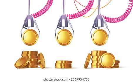 3d crane machine, claw machine, slot machine. Raises gold coins. Winning money. Coin front view. Realistic design. Vector illustration