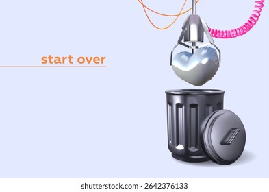 3d crane machine, slot machine holds volumetric heart to throw in trash can. Concept of letting go of love. Vector illustration