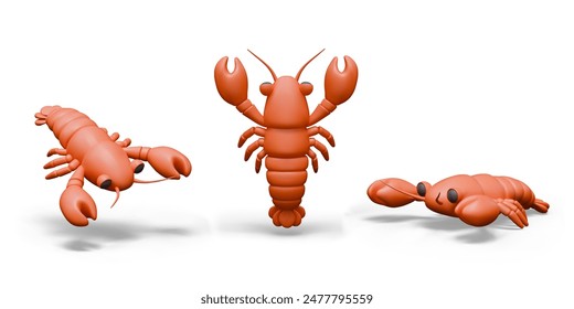 3D crayfish in different positions. Red animal in shell, with claws. Crustacean creature