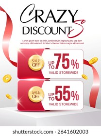 3d crazy discount coupon with coupon code, percentage off, ribbon and golden coins flying around on a stage, isolated on white background. New gift voucher banner template in 3d vector