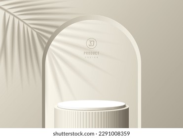 3D-Creme-Hintergrund mit realistisch beigem Flaschenständer. Palmblattschatten auf der Wandszene des Bogens. Minimale Auswahl leerer Produktdarstellung. Abstrakte Vektorgrafik 3D-Darstellung. Stufe für Schaufenster