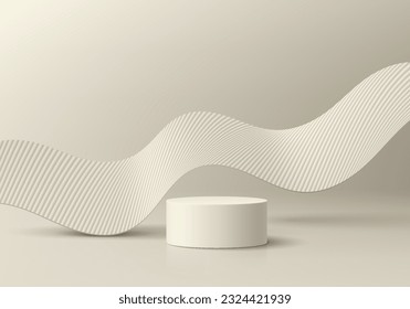 Cilindro 3D crema beige fondo de podio peatonal realista con forma de curva ondulada escena de pared flotante. Modelación mínima o presentación de producto, escaparate de escenario. Resumen de plataformas geométricas vectoriales.