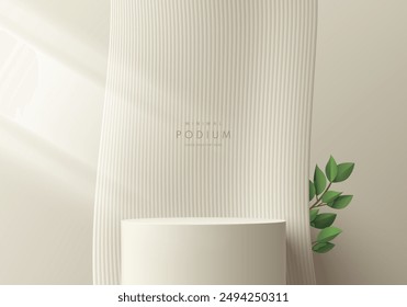 3D cream cylindrical podium background with vertical curve backdrop scene. Minimalist mockup pedestal, Abstract cosmetic product display presentation, Stage showcase. Platforms vector geometric design