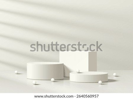 3D cream cylindrical podium background with cube pedestal, Clean empty wall scene. Minimalist 3D mockup pedestal or abstract product display presentation, Stage for showcase. Platforms vector design.