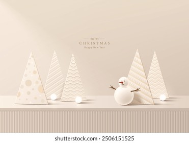 3D cream desk podium background with Christmas tree, Snowman, Lightbulb. Abstract composition minimalist design. Studio display showroom cosmetic product pedestal, Fashion stage showcase mockup scene.