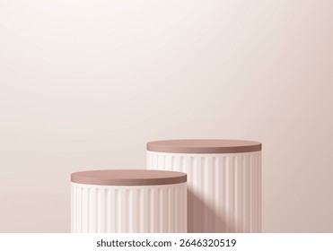 3D cream round podium background with natural lighting on the wall. Abstract geometric composition in minimalist design. Studio display showroom product pedestal, Fashion stage showcase mockup scene.