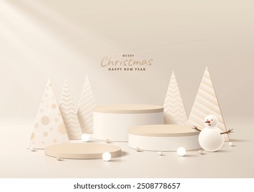 3D cream round podium with Merry christmas tree, Snowman, neon ball background. Abstract composition minimalist design. Studio display showroom product pedestal, Fashion stage showcase mockup scene.