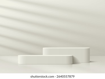 3D cream round steps podium pedestal background in empty clean room with window lighting. Minimal empty mockup abstract product display presentation, Stage showcase. Platforms vector geometric design.