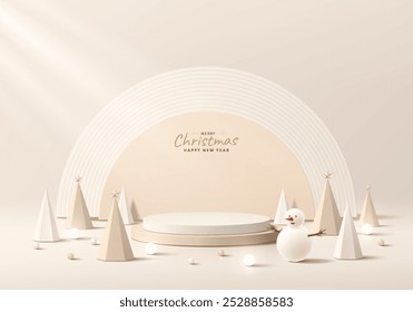 3D creams round Merry Christmas podium background with Snowman, Light Bulb. Abstract composition minimalist design. Studio display showroom stands product pedestal, Fashion stage showcase mockup scene