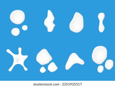 3d creamy white milk drops set  on blue background vector illustration