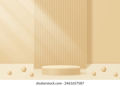 3d creamy yellow podium pedestal platform with geometric backdrop on pastel background for product showcase, minimal stage design, mockup scene vector illustrator.