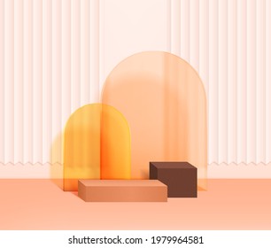 3d Creative Abstract Podium With Transparent Colored Glass And Curtains For Product Presentation. Cosmetic, Beauty Product. Realistic Vector