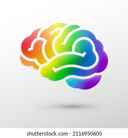 3D-Symbol für kreatives Gehirn-Silhouette auf regenbogenfarbener Vektorgrafik einzeln auf weißem Hintergrund