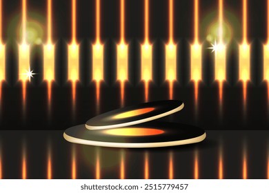 3D creative ceremony Podium mockup template design. Luxury fashion black Podium with trendy light flare element. Vector illustration. 