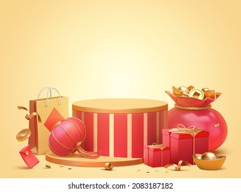 3d Creative Chinese New Year Background With Product Display Podium, Fortune Bag, Red Lantern And Other Holiday Related Obejcts