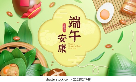 3d creative Dragon Boat Festival cuisine banner template. Top view of sticky rice dumplings, food ingredients, bamboo steamer and Chinese wine jar.