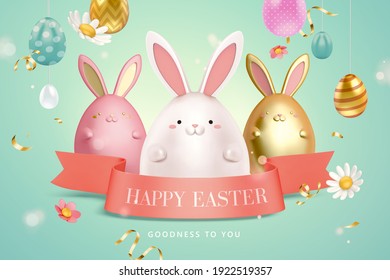 3d creative Easter egg background with cute rabbit toys and pink ribbon.