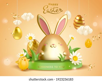 3d creative Easter egg background. Cute rabbit toys on grass podium with daisies and hanging egg ornaments.