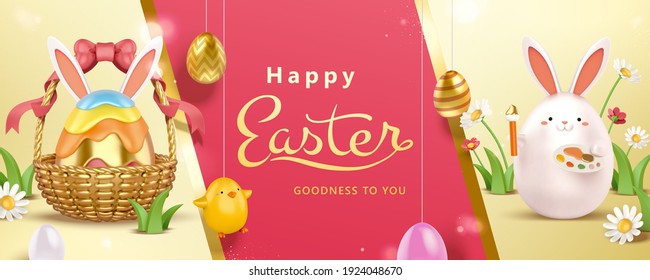 3d creative Easter egg decorating banner with Easter egg basket and cute rabbit toy. Concept of holiday activity for kids.