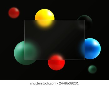 3D creative glass morphism background design. Transparent glass banner with multi-colored geometric spheres on a black background.