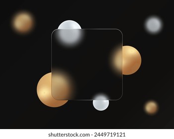 3D creative glass morphism background. Transparent glass banner with gold and white geometric spheres on a black background.