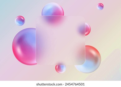 3D creative glass morphism background. Transparent square glass banner with colorful geometric spheres.