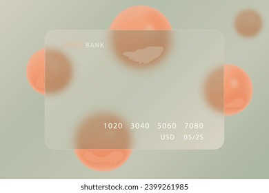 3D creative glass morphism. Transparent glass bank card with spheres.