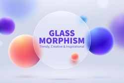 3d Creative Glassmorphism Background Design. Transparent Round Glass Disk With Colorful Geometric Spheres. Suitable For Business Presentation.