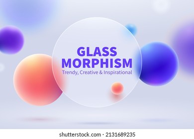 3d creative glassmorphism background design. Transparent round glass disk with colorful geometric spheres. Suitable for business presentation.