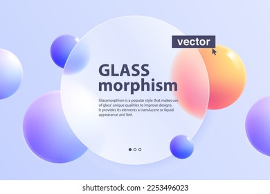 3D kreativer Glassmorphismus mit Kreis vor und bunten, schwebenden Kugeln auf dem Hintergrund. Lilac farbige Website-Landing-Page-Vorlage.  Geeignet für Technologie oder Business Corporate Homepage.