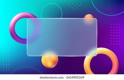3D creative gradient glassmorphism background design with transparent glass frame with colorful geometric shapes.