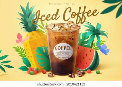 3d creative iced coffee ad template. Plastic takeout cup with paper cut fruit and tropical jungle trees. Concept of fruit aroma or natural flavor.