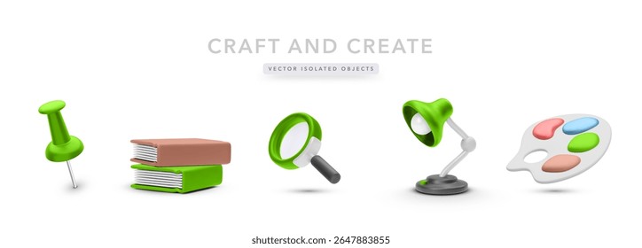 3D Creative Icon Set Featuring Push Pin, Books, Magnifying Glass, Desk Lamp, And Paint Palette. Perfect For Arts, Study, And DIY Projects. Colorful Vector Illustration.