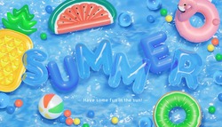 3d Creative Summer Background In Swimming Pool Party Theme. Top View Of Balls, Swim Rings And Fruit Shape Lilos Floating On Water.