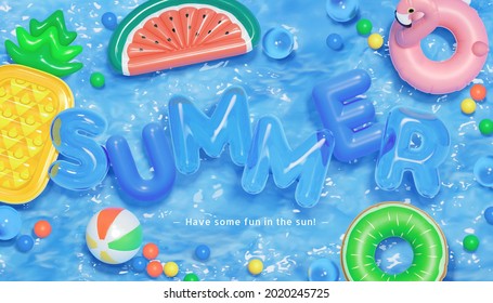3d creative summer background in swimming pool party theme. Top view of balls, swim rings and fruit shape lilos floating on water. - Shutterstock ID 2020245725