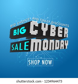 3D Creative Text Cyber Montag auf blauem Hintergrund. Big Sale Werbevorlage Design. 