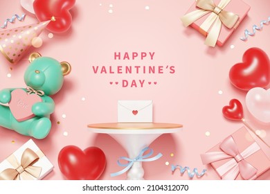 3d creative Valentine's Day scene design. Top view of present boxes, heart shape toys, teddy bear and love letter on a cake stand.