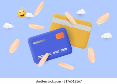 3d credit card and coins foating in the air. Online payment concept. 3d vector illustration.