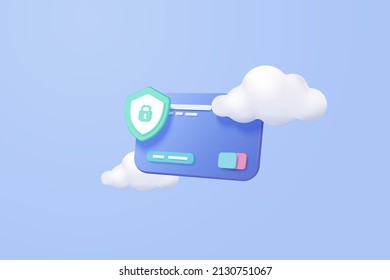 3D credit card financial secure for shopping, online payment credit card with payment protection on cloud blue sky background concept. 3d vector render credit card security with isolated background