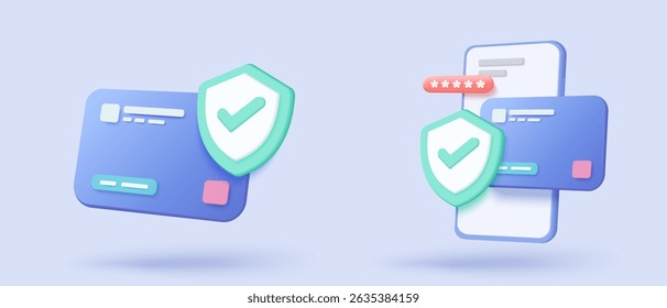 3D credit card financial security for online shopping, financial transactions, online payment credit card with payment protection concept. 3d business finance vector icon render illustrator