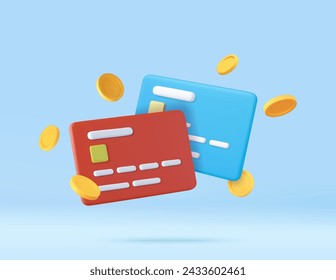 3d Credit card, floating coins around. online payments credit or debit card concept. money transfer. Financial transactions. 3d rendering. Vector illustration.