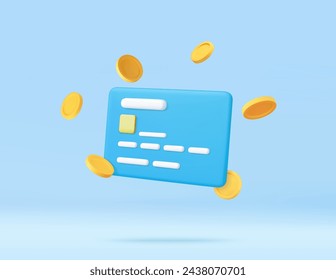 3d Credit card, floating coins around. online payments credit or debit card concept. money transfer. Financial transactions. 3d rendering. Vector illustration.