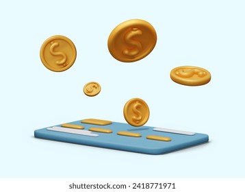 3D credit card, floating gold coins. Concept of cash and non cash payment