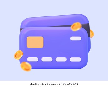 3D credit card with flying gold coins. For exchange, online shopping, money-saving